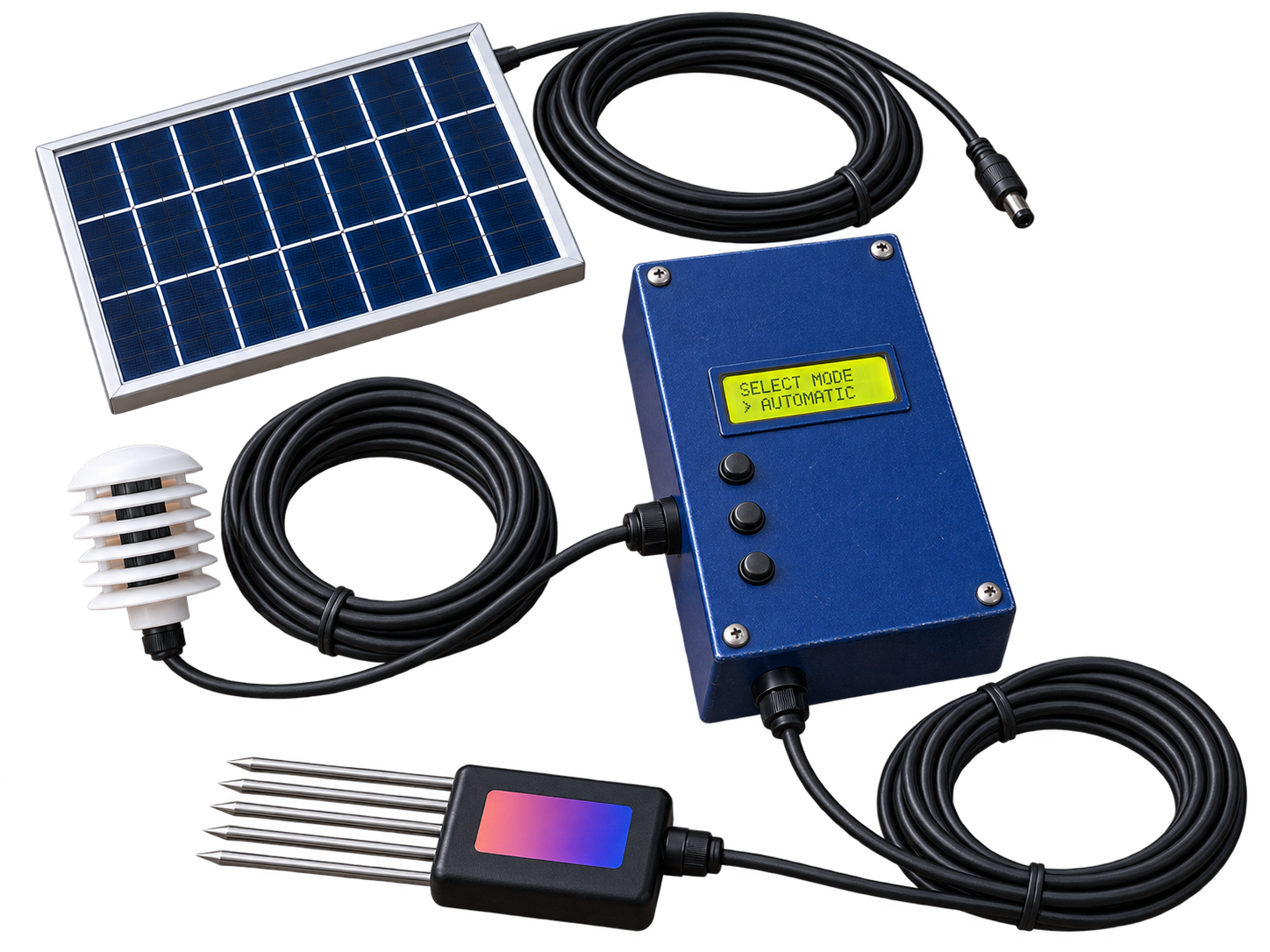 Illustration of the FarmMate controller, solar panel, air sensor and soil probe