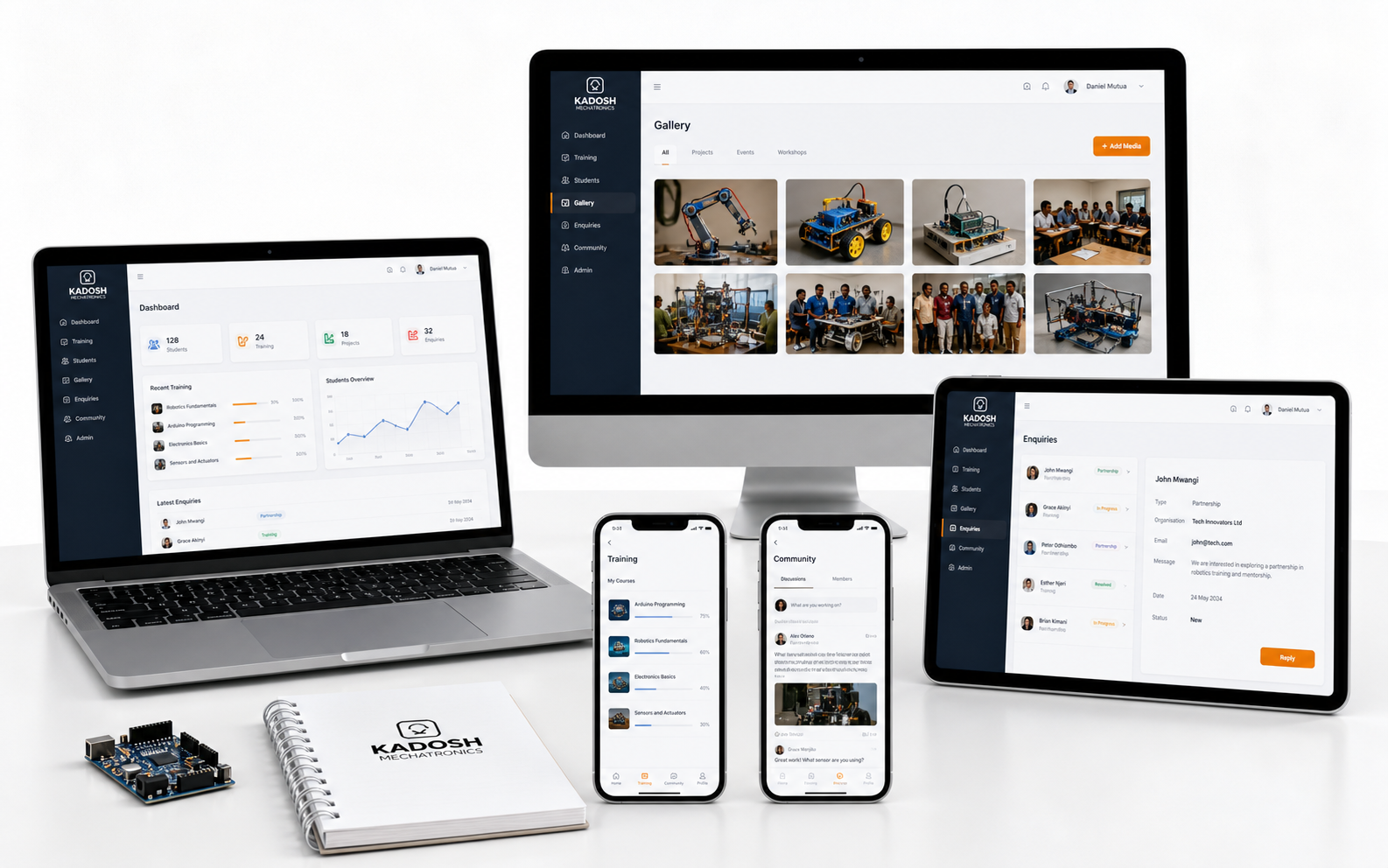 Kadosh web and mobile platform mockups on desktop, tablet, and phone