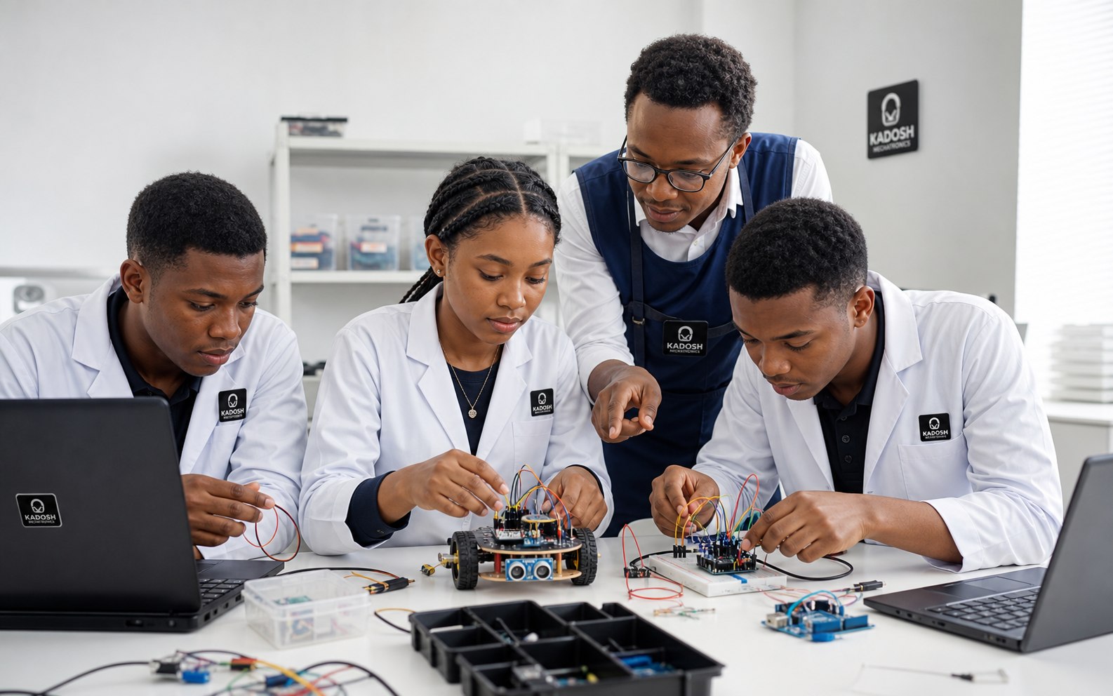 African students building Arduino and robotics projects with a Kadosh instructor