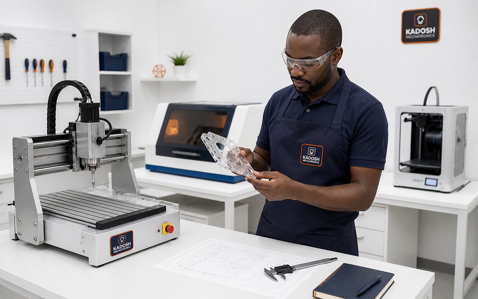 Kadosh technician inspecting a CNC cut part in a clean fabrication lab