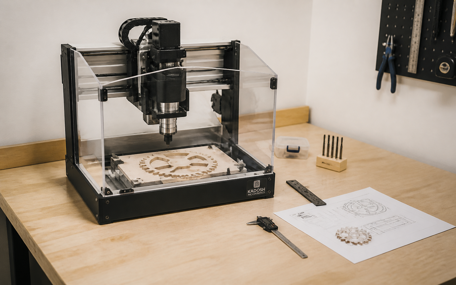 Single compact CNC machine cutting a gear part on a simple startup bench