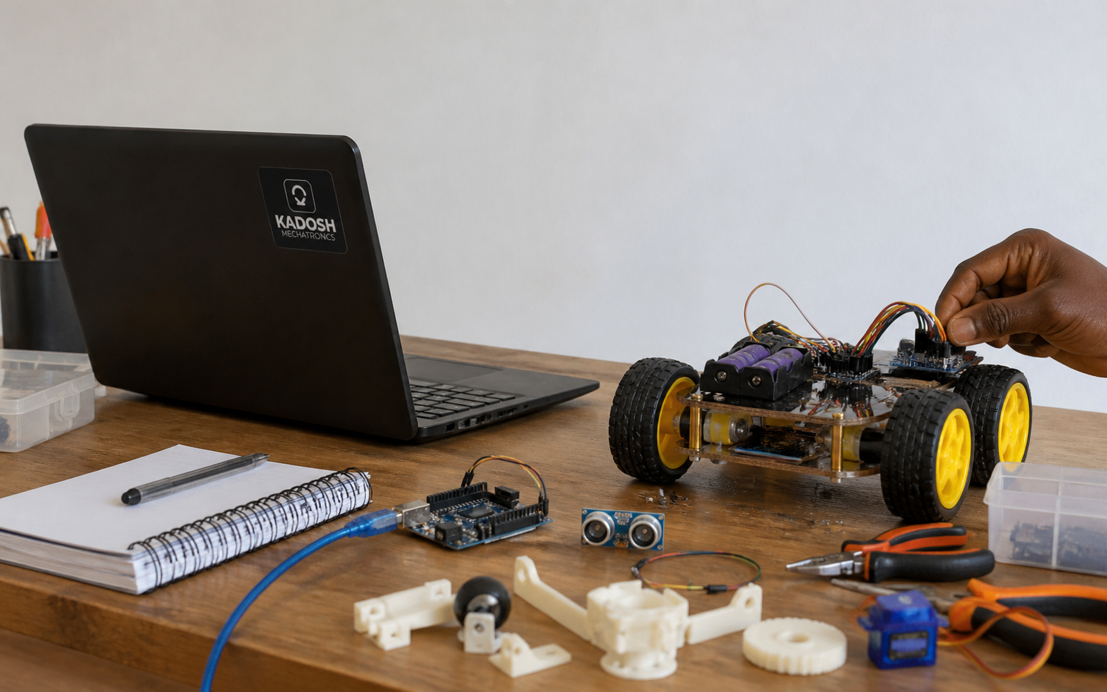 Simple startup workbench with laptop, microcontroller parts, and robot chassis prototype